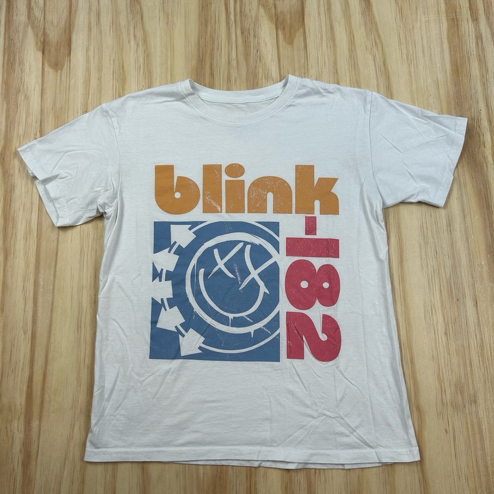 Blink 182 Women's Short Sleeve‎ Graphic T-Shirt White S Band Music Tour Rock
